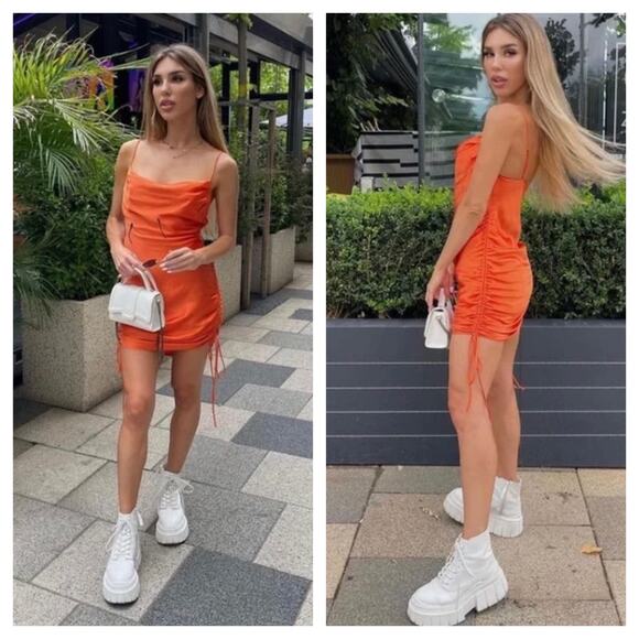 Zara Dresses & Skirts - Zara Orange Satin Draped Effect Mini Dress Size Large Ruched Cocktail Halloween